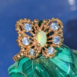 Solid 10 Karat Gold Fire Opal & Blue Topaz Ring